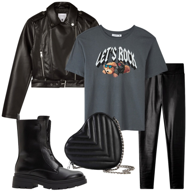 Outfit donna - Let\'s rock. Stile Rock per Serata fuori. Abbinamento con borse a tracolla, stivaletti, t-shirt, giacche, leggings.