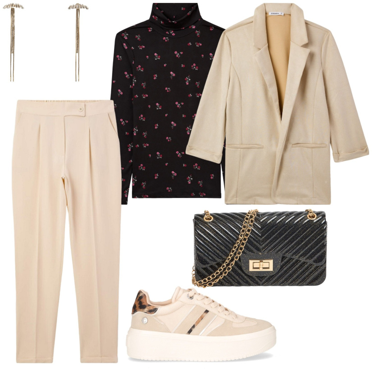 Outfit donna - Terranova in saldo. per Tutti i giorni. Abbinamento con t-shirt, orecchini, blazer, pantaloni chino, borse a tracolla, sneakers.