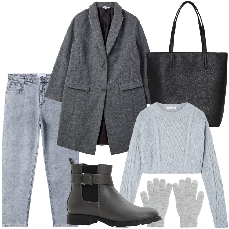 Outfit donna - Il cappotto ardesia. Stile Minimal per Ufficio. Abbinamento con stivaletti chelsea, borse tote, maglieria, jeans mom, cappotti, guanti.