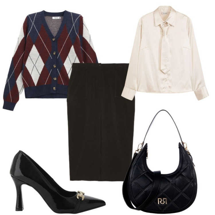 Outfit donna - Total look #2266620. Stile Preppy per Ufficio. Abbinamento con camicie, cardigans, borse a tracolla, décolleté, gonne lunghe.