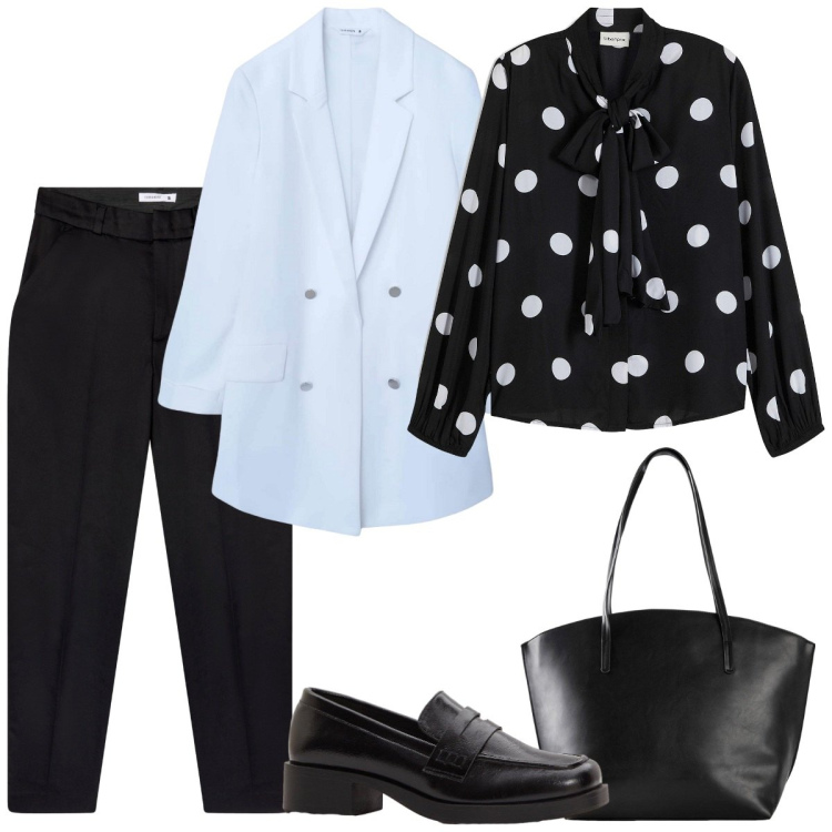 Outfit donna - Pois. Stile Basic per Serata fuori. Abbinamento con camicie, shopping bag, mocassini, pantaloni chino, blazer.