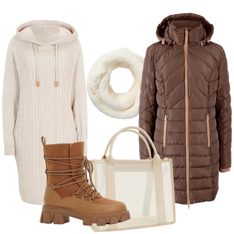 Outfit donna - Il cappotto moka. Stile Glamour per Ufficio. Abbinamento con vestiti, blazer, stivaletti, borse tote, sciarpe.