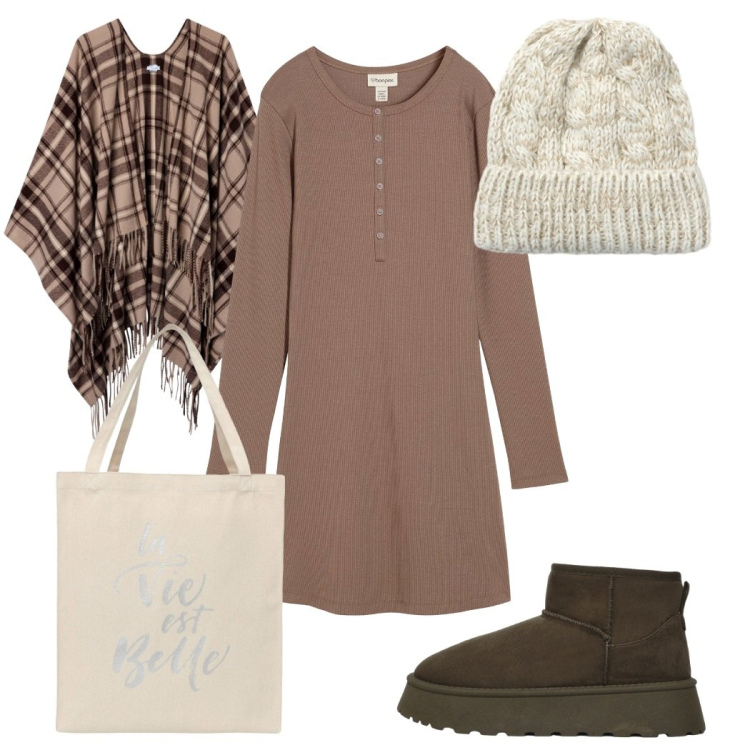 Outfit donna - Total look #2266625. Stile Trendy per Tutti i giorni. Abbinamento con vestiti, borse tote, cappotti, stivali, berretti.