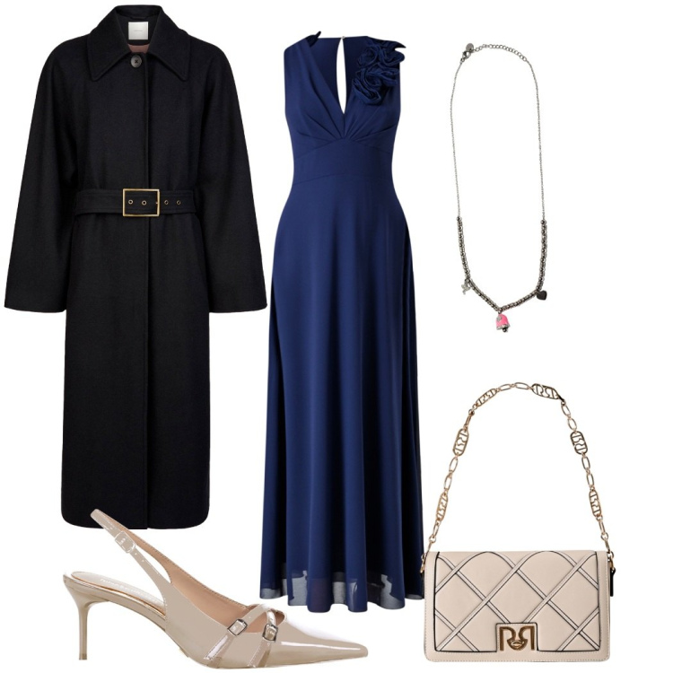 Outfit donna - Total look #2266627. Stile Chic per Cerimonia. Abbinamento con vestiti lunghi, borse a tracolla, décolleté, ciondoli, cappotti.