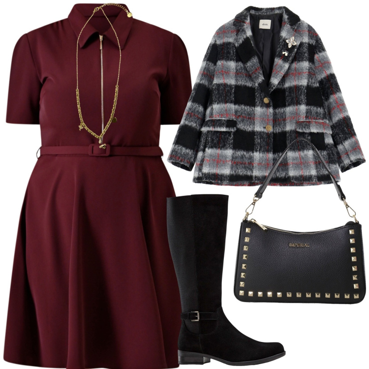 Outfit donna - A lavoro. per Ufficio. Abbinamento con stivali, vestiti corti, pochette, blazer, ciondoli.