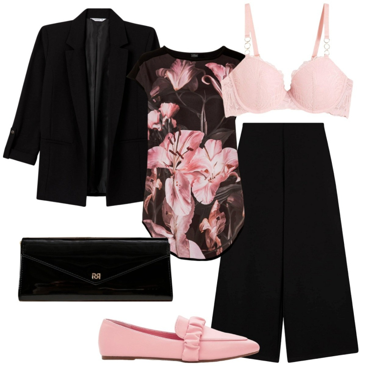 Outfit donna - Cena tra colleghi di lavoro. Stile Basic per Serata fuori. Abbinamento con mocassini, maglieria, reggiseni, blazer, pantaloni culotte, pochette.