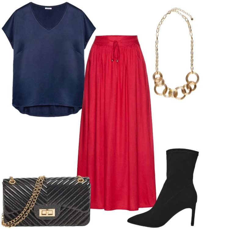 Outfit donna - Total look #2266637. Stile Trendy per Serata fuori. Abbinamento con gonne lunghe, stivali, borse a tracolla, bluse, collane.