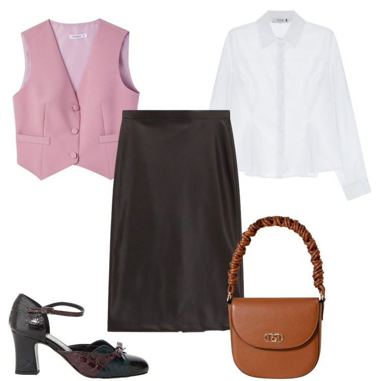 Outfit donna - Total look #2266640. Stile Trendy per Tutti i giorni. Abbinamento con gilet, borse a mano, camicie, décolleté, gonne longuette.