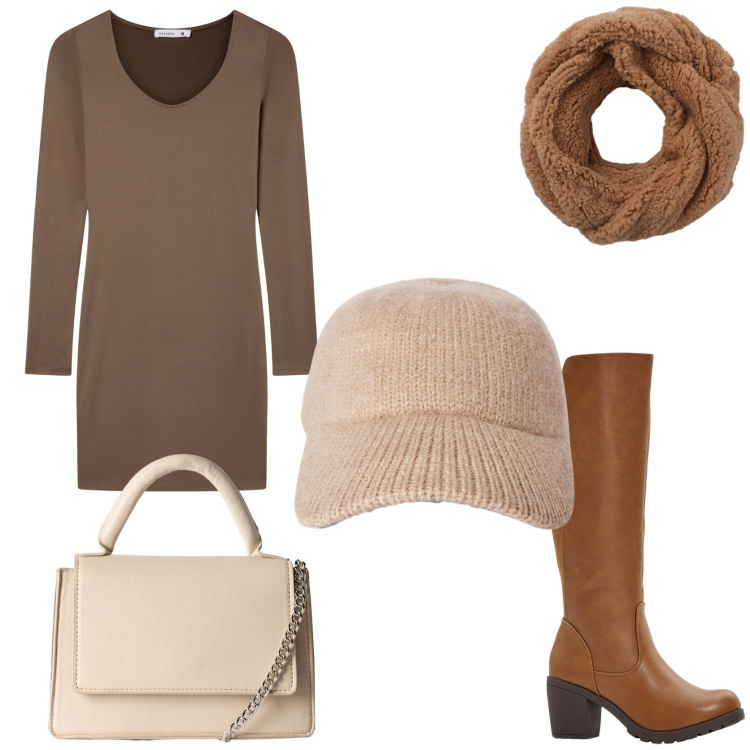 Outfit donna - Urban. Stile Minimal per Tutti i giorni. Abbinamento con stivali, sciarpe, borse a tracolla, cappelli con visiera, vestiti corti.