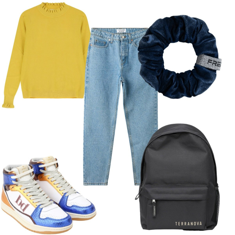 Outfit donna - Total look #2266642. Stile Basic per Scuola/Università. Abbinamento con jeans mom, zaini, sneakers alte, maglieria, accessori per capelli.