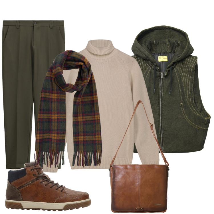 Outfit uomo - In città. Stile Casual per Tutti i giorni. Abbinamento con sneakers alte, gilet, pantaloni chino, borse sportive, sciarpe, pullovers.