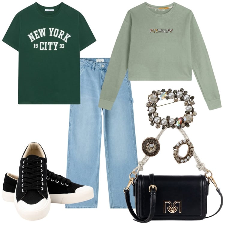 Outfit donna - Passeggiata in natura. Stile Sporty chic per Tutti i giorni. Abbinamento con jeans, t-shirt, borse a mano, cappotti, felpe, sneakers.