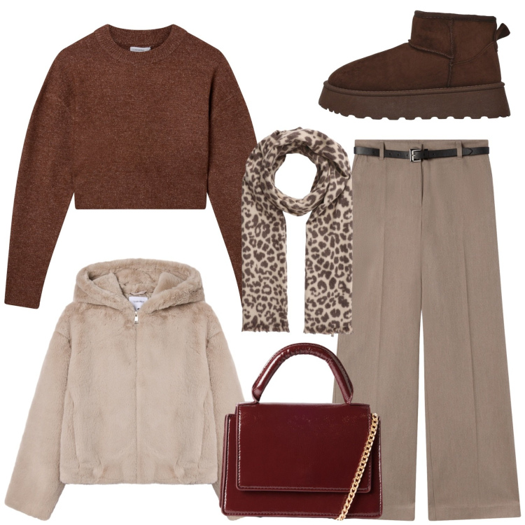 Outfit donna - Autunno con stile. Stile Casual chic per Tutti i giorni. Abbinamento con pantaloni, ecopellicce, maglieria, borse a tracolla, sciarpe, stivaletti.