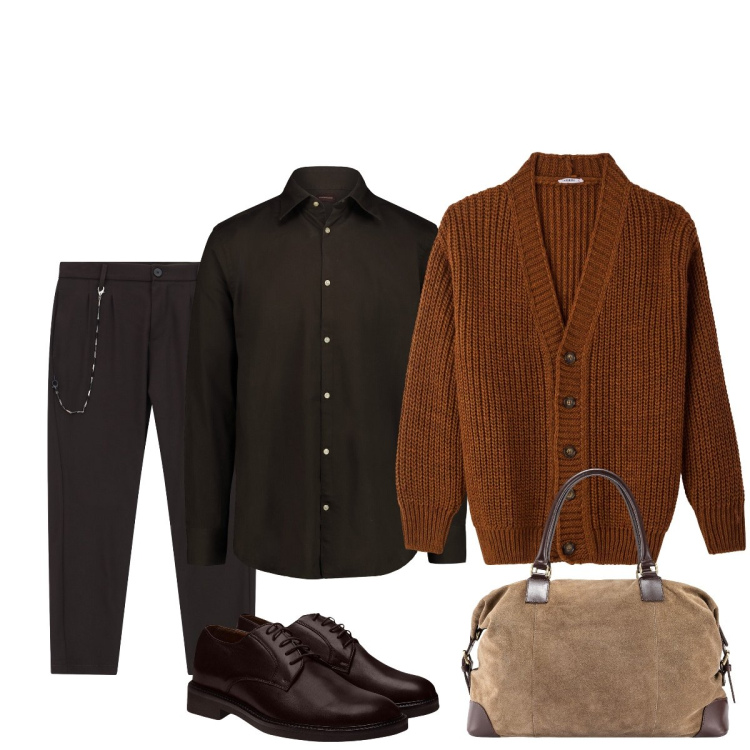 Outfit uomo - In ufficio. Stile Trendy per Ufficio. Abbinamento con cardigans, pantaloni, scarpe stringate, borse sportive, camicie.