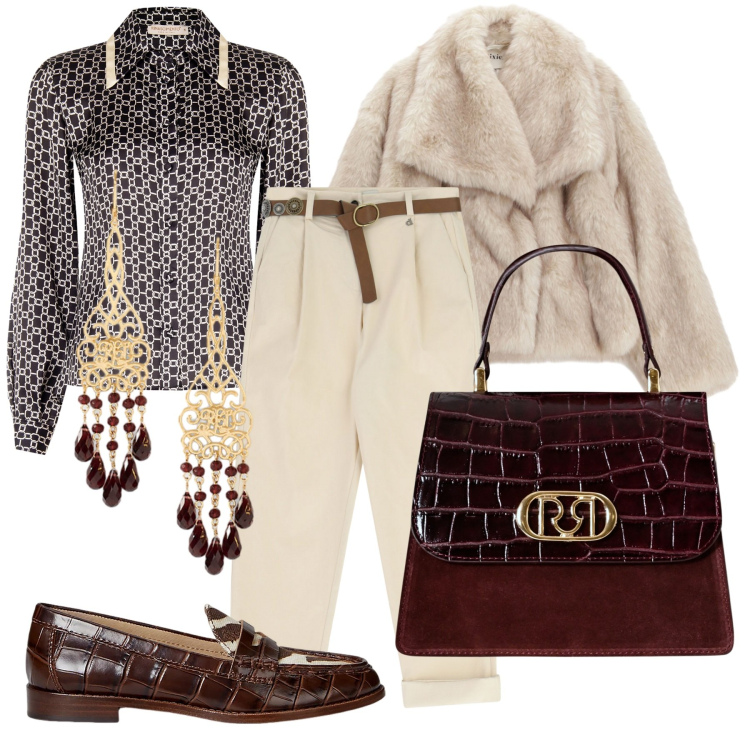 Outfit donna - Preziosa e mai scontata. Stile Casual chic per Serata fuori. Abbinamento con pantaloni, blazer, camicie, borse a mano, mocassini, orecchini.