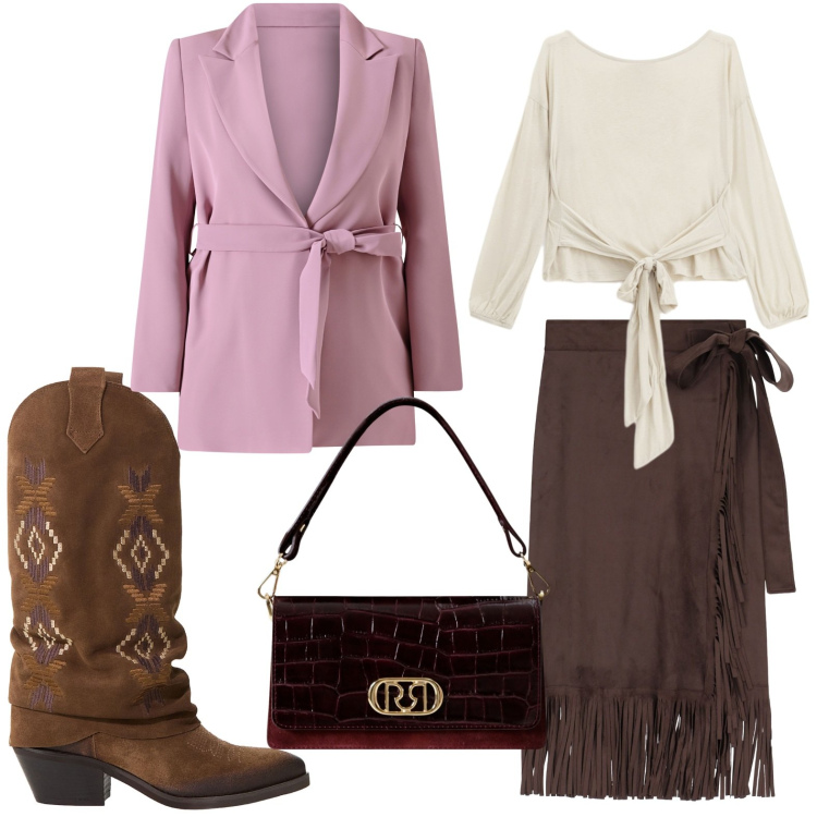 Outfit donna - Trionfo di frange. Stile Casual per Serata fuori. Abbinamento con stivali, gonne, top, blazer, borse a mano.