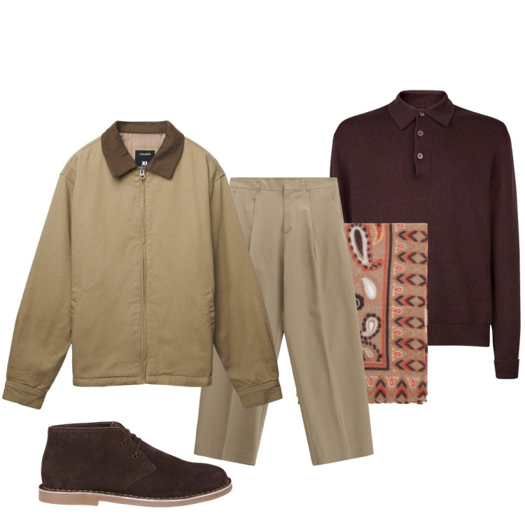 Outfit uomo - Total look #2266666. Stile Trendy per Tutti i giorni. Abbinamento con giacche, sciarpe e foulard, pantaloni, stivali e stivaletti, polo.