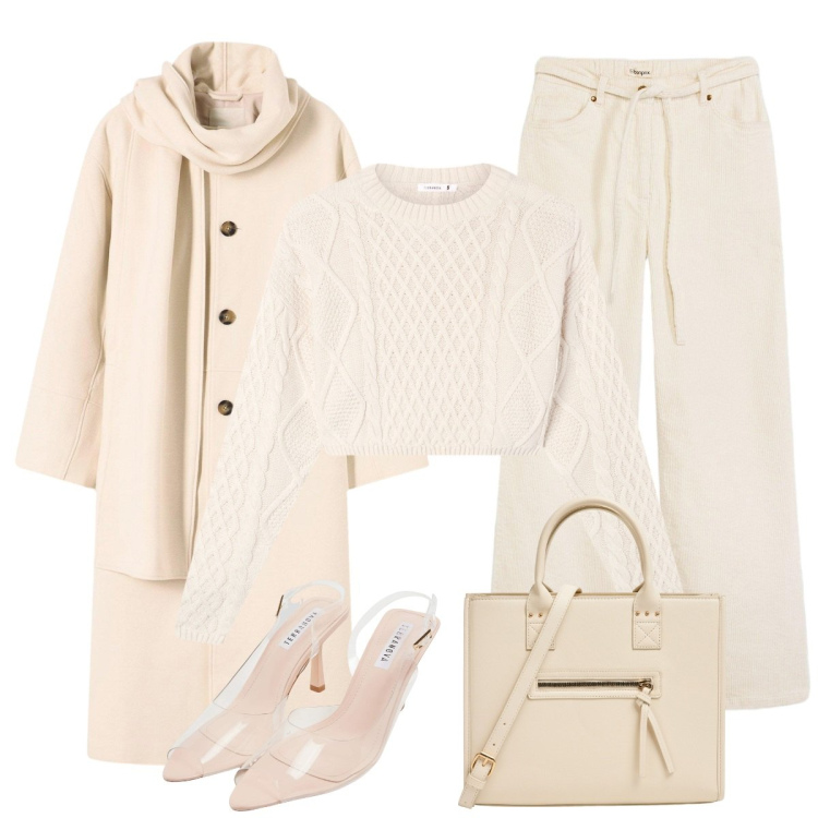 Outfit donna - Total White. Stile Bon Ton per Tutti i giorni. Abbinamento con cappotti, pantaloni, sandali col tacco, shopping bag, maglieria.