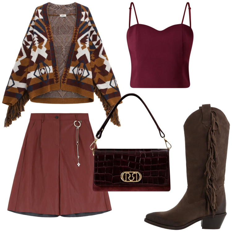 Outfit donna - Total look #2266677. Stile Trendy per Serata fuori. Abbinamento con shorts, stivali, cardigans, top, borse a mano.