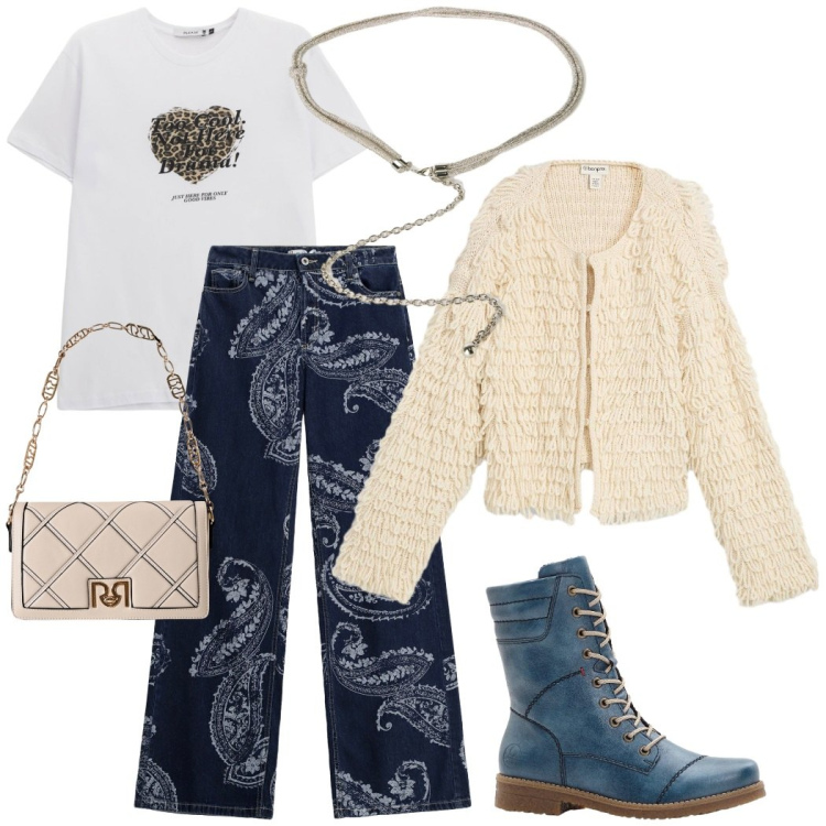 Outfit donna - Giornata libera. Stile Casual chic per Tutti i giorni. Abbinamento con cardigans, stivaletti, jeans, t-shirt, borse a tracolla, cinture.