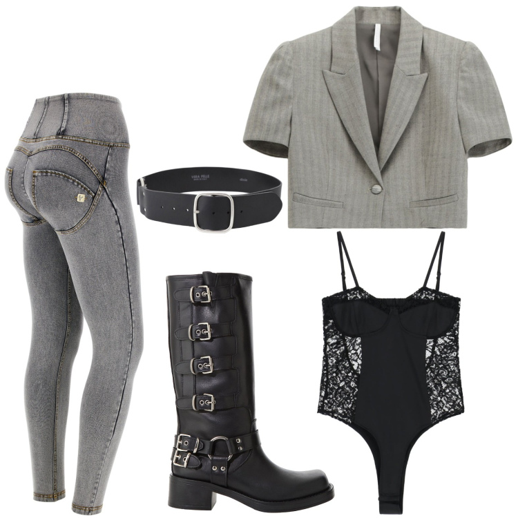 Outfit donna - Body vedo non vedo. Stile Minimal per Serata fuori. Abbinamento con blazer, stivali, body, cinture, jeggings.