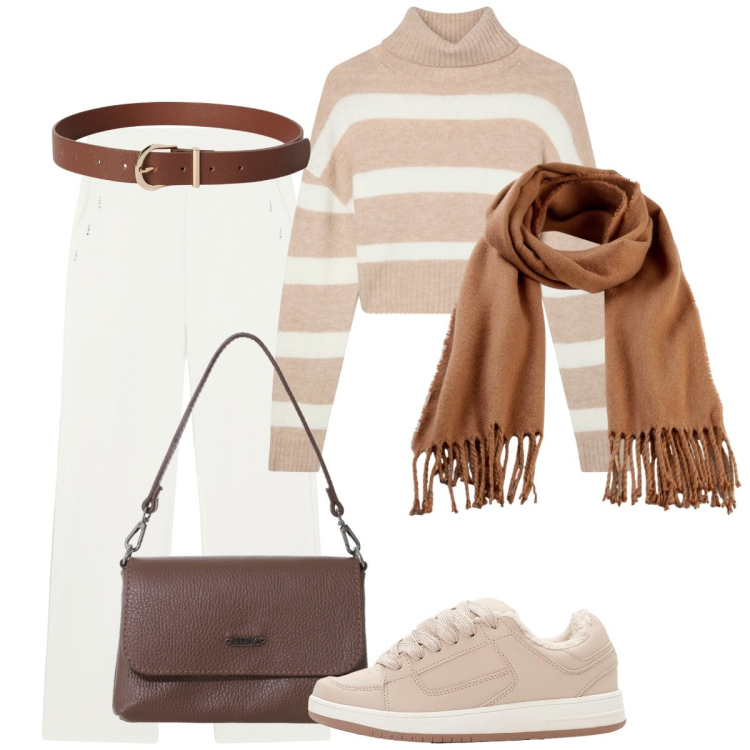 Outfit donna - Pomeriggi in centro. Stile Basic per Tutti i giorni. Abbinamento con sciarpe, sneakers, cinture, maglieria, borse a tracolla, pantaloni.