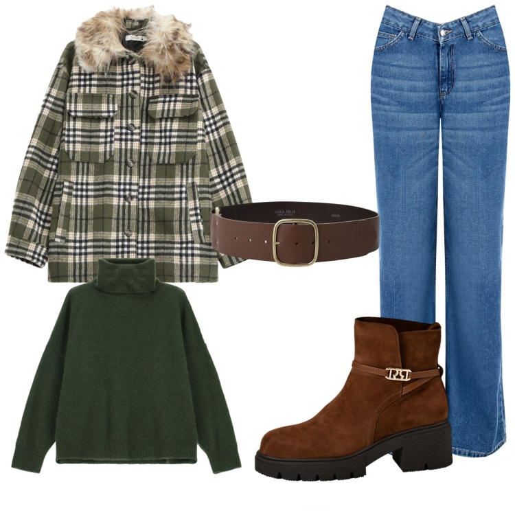 Outfit donna - Total look #2266685. Stile Casual per Tutti i giorni. Abbinamento con cappotti, cinture, jeans, stivaletti, maglieria.