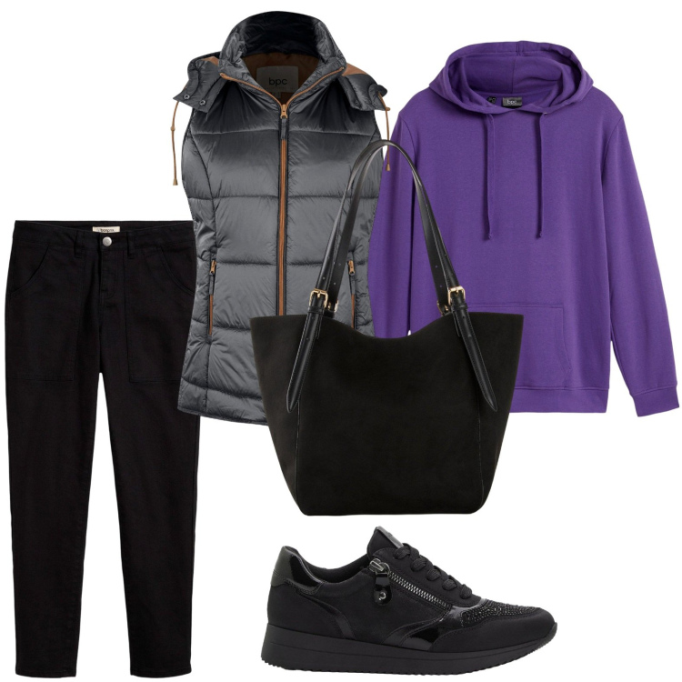 Outfit donna - Felpa purple. Stile Basic per Tutti i giorni. Abbinamento con felpe con cappuccio, gilet, pantaloni, shopping bag, sneakers.