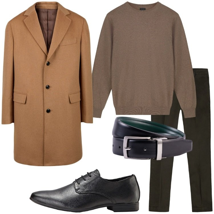 Outfit uomo - Un tocco di cammello. Stile Business/Elegante per Ufficio. Abbinamento con scarpe stringate, cappotti, cinture, maglieria, pantaloni chino.