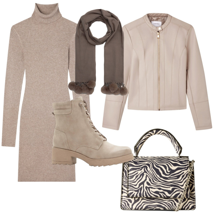 Outfit donna - Evoluzione del beige. Stile Casual chic per Tutti i giorni. Abbinamento con stivaletti, giacche, borse a tracolla, vestiti corti, sciarpe.