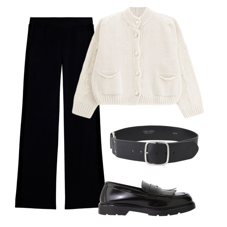Outfit donna - Semplice con gusto. Stile Bon Ton per Tutti i giorni. Abbinamento con pantaloni, mocassini, cinture, cardigans.