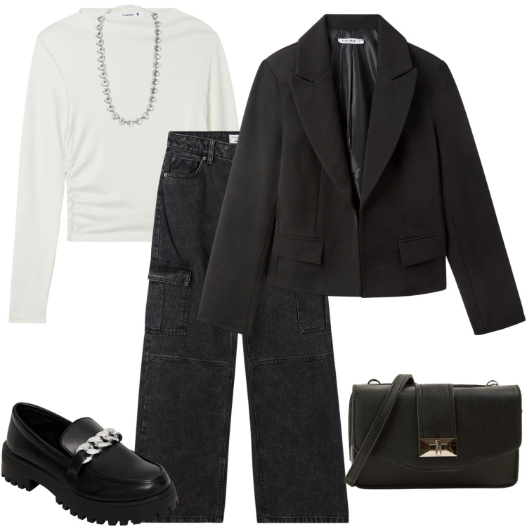 Outfit donna - Terranova mid season Sale. Stile Urban per Tutti i giorni. Abbinamento con mocassini, blazer, jeans dritti, t-shirt, collane, borse a tracolla.