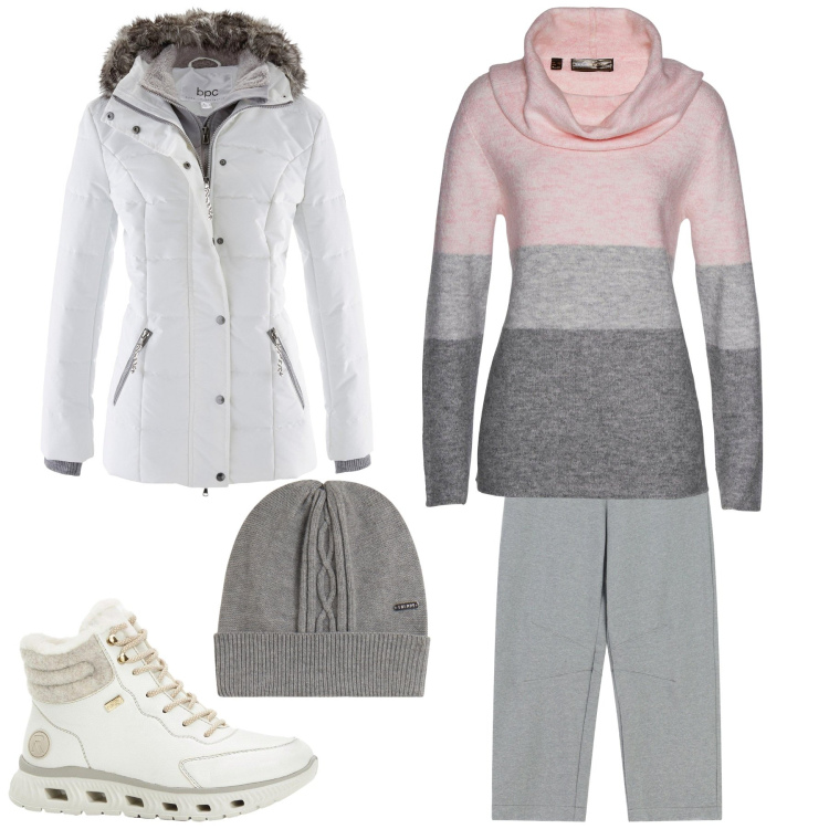 Outfit donna - Shopping a Cortina. Stile Glamour Abbinamento con piumini, maglieria, stivaletti, pantaloni sportivi, berretti.