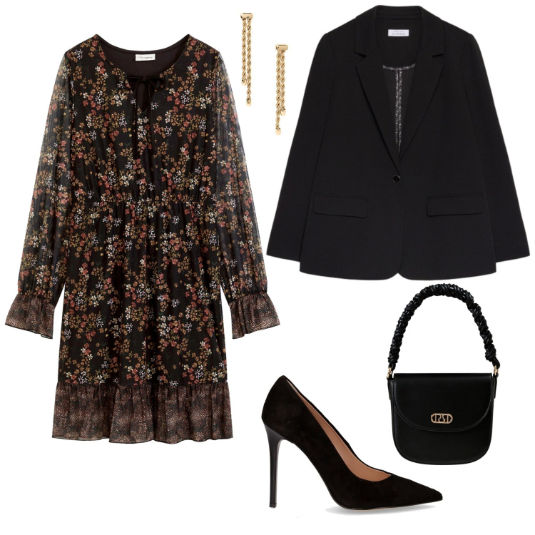 Outfit donna - La bellezza curvy. Stile Romantica per Serata fuori. Abbinamento con vestiti, borse a mano, orecchini, blazer, décolleté.