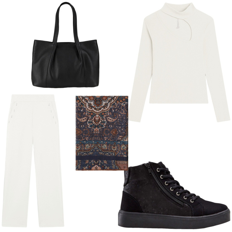 Outfit donna - Comoda e trendy. Stile Casual per Tutti i giorni. Abbinamento con sneakers alte, shopping bag, foulard, pantaloni, maglieria.