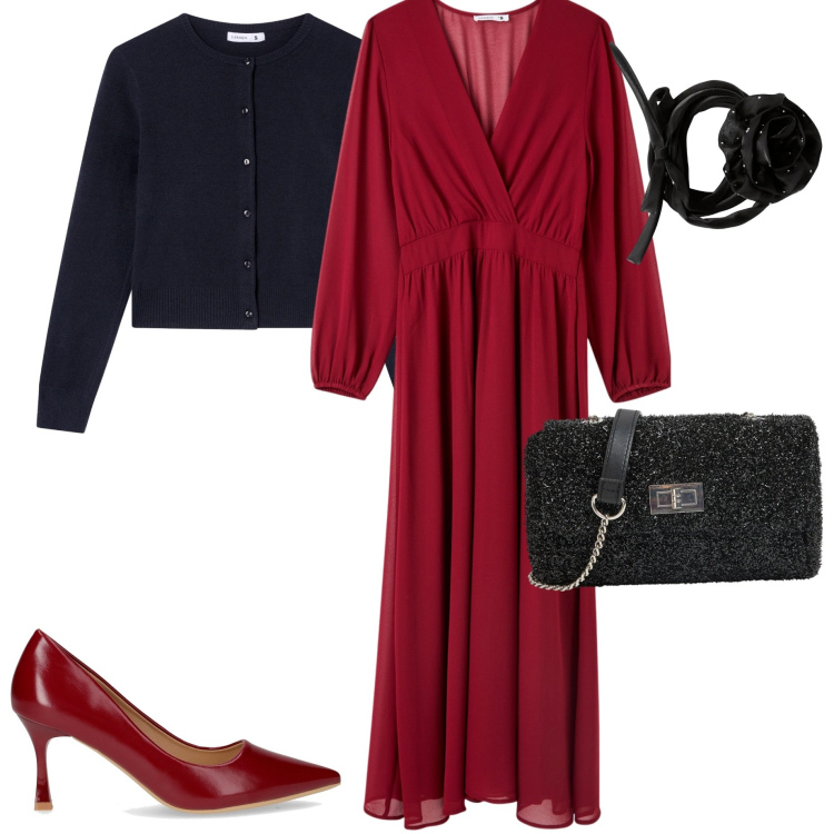 Outfit donna - Terranova mid season Sale. Stile Chic per Serata fuori. Abbinamento con vestiti lunghi, cardigans, borse a tracolla, collane, décolleté.