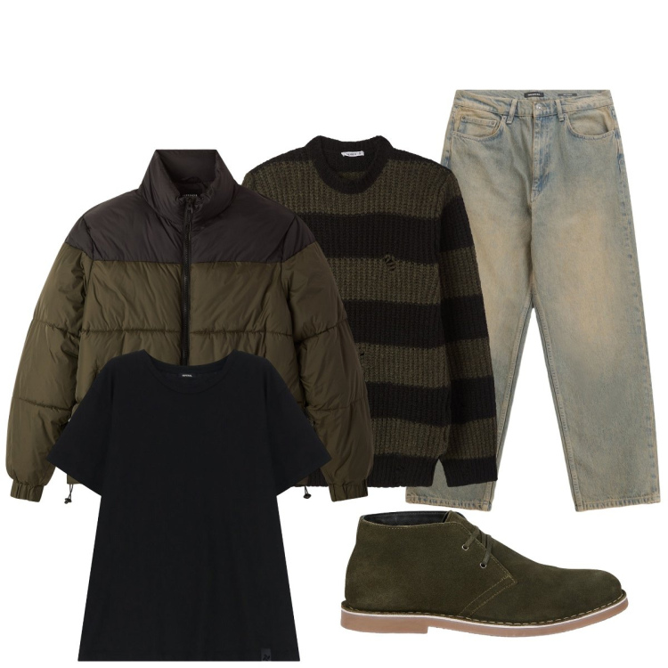 Outfit uomo - Total look #2266706. Stile Casual per Tutti i giorni. Abbinamento con bomber, maglieria, t-shirt, jeans, stivali e stivaletti.