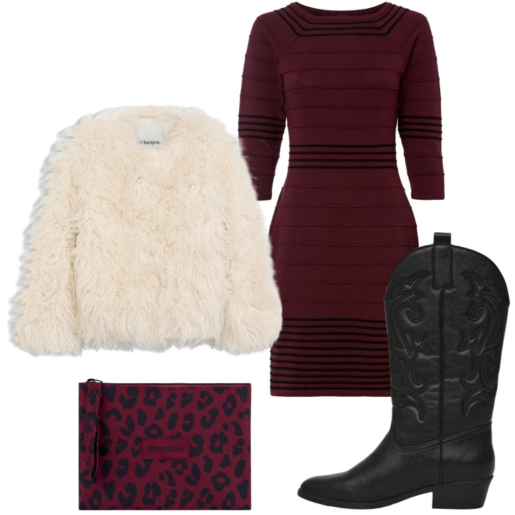 Outfit donna - Pelliccia di gran moda. Stile Minimal per Serata fuori. Abbinamento con vestiti corti, ecopellicce, stivaletti texani, clutch.