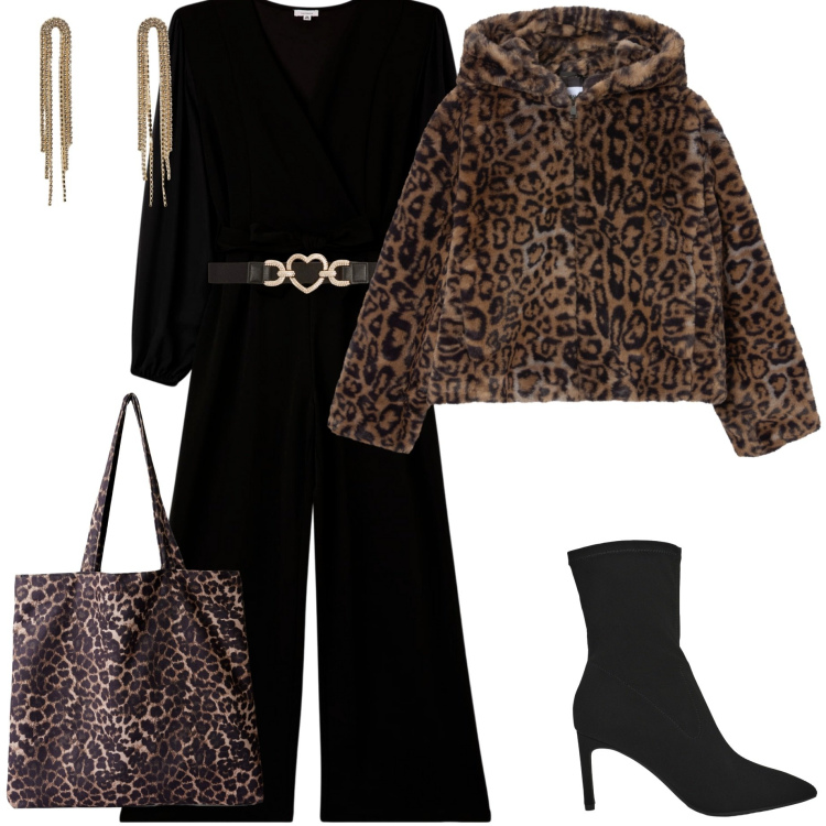 Outfit donna - Terranova mid season Sale. Stile Sporty chic per Serata fuori. Abbinamento con tute, cinture, ecopellicce, orecchini, shopping bag, stivali.