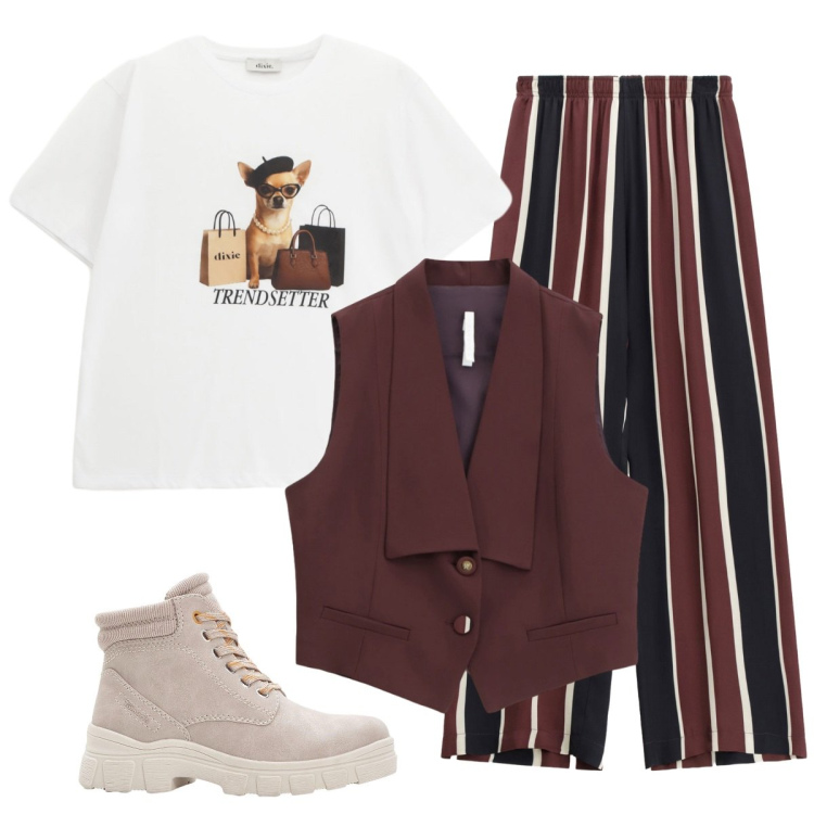Outfit donna - Mattina in centro. Stile Basic per Tutti i giorni. Abbinamento con stivaletti, t-shirt, gilet, pantaloni a palazzo.