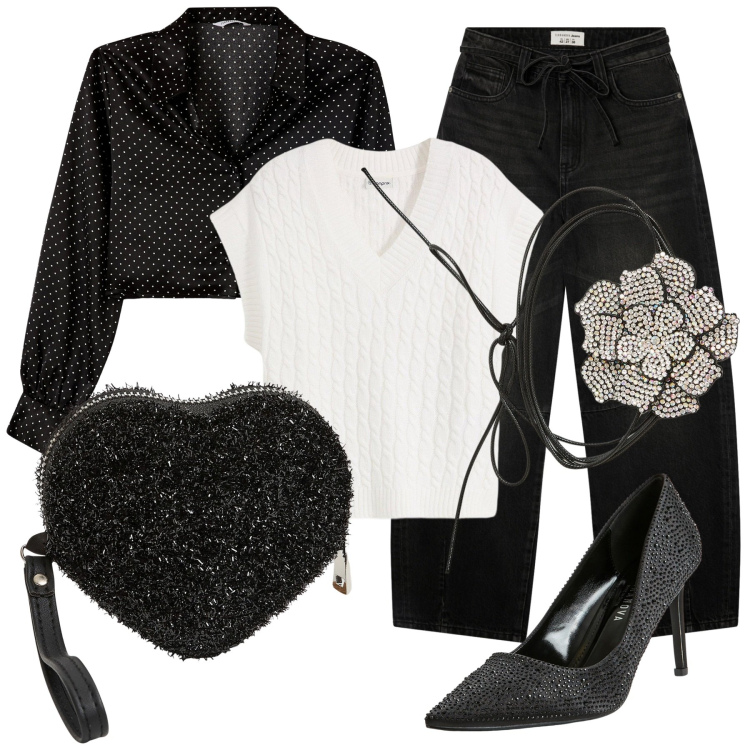 Outfit donna - Bianco e nero. Stile Chic per Serata fuori. Abbinamento con maglieria, jeans, décolleté, collane, portafogli, camicie.