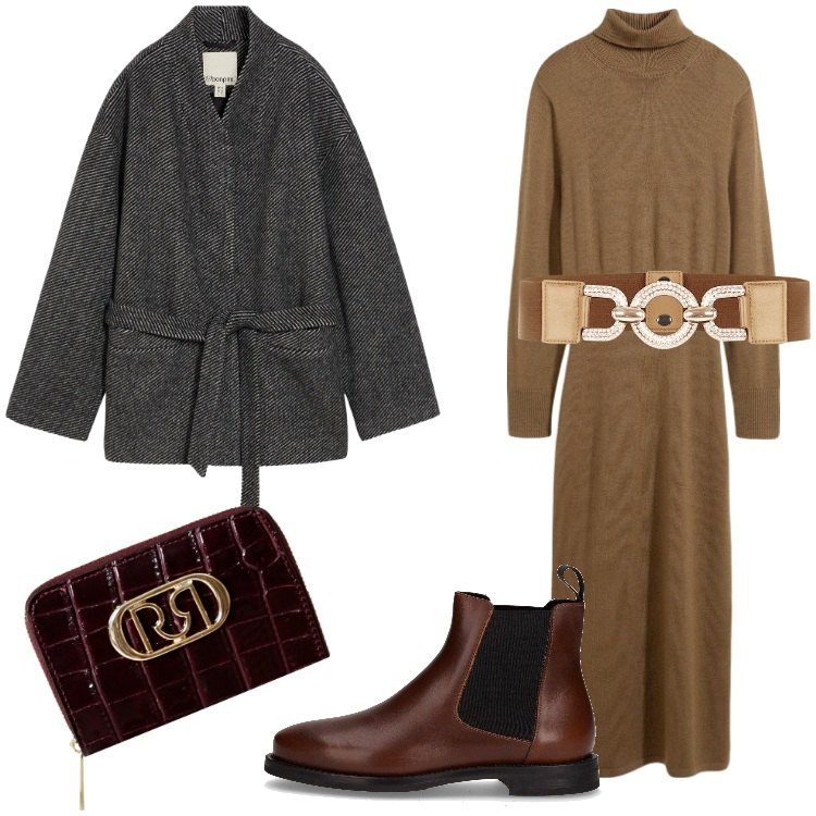 Outfit donna - Mood minimal con la giacca in lana. Stile Minimal per Tutti i giorni. Abbinamento con vestiti, blazer, cinture, portafogli, stivaletti chelsea.