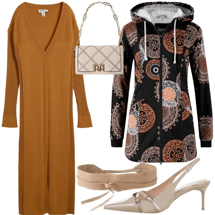 Outfit donna - Tra amiche. Stile Chic per Tutti i giorni. Abbinamento con parka, vestiti, cinture, borse a tracolla, décolleté.