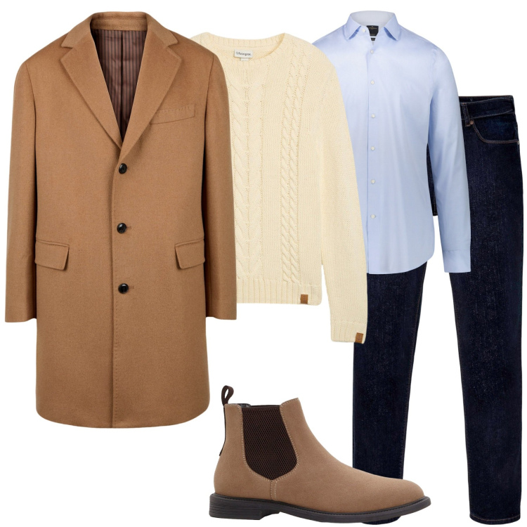 Outfit uomo - Un tocco di cammello. Stile Casual per Tutti i giorni. Abbinamento con jeans dritti, maglieria, stivali e stivaletti, camicie, cappotti.