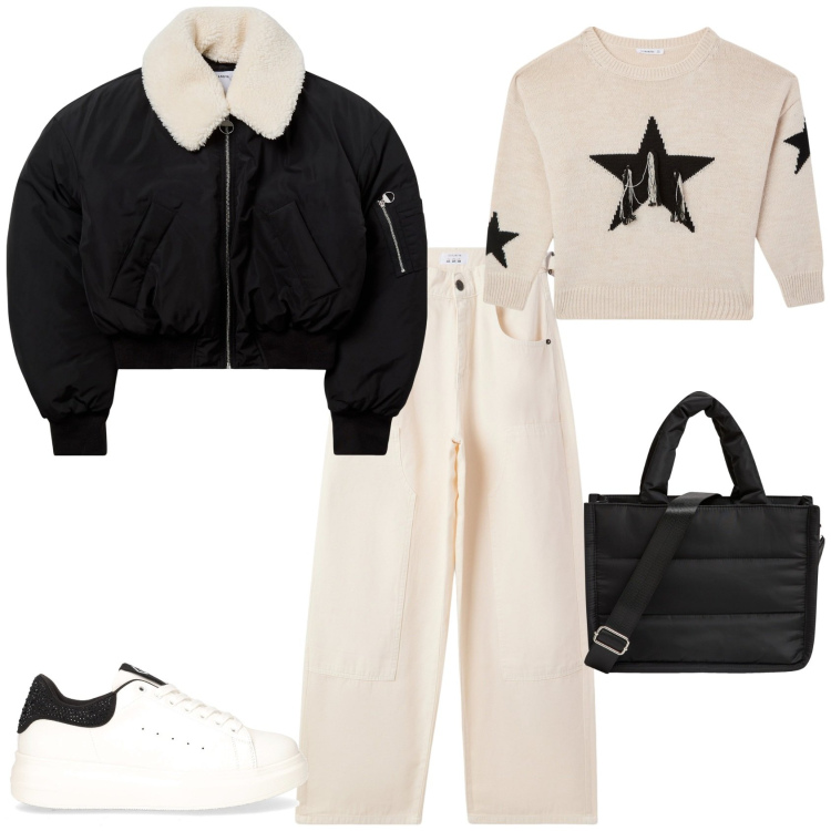 Outfit donna - Total look #2266722. Stile Sporty chic per Tutti i giorni. Abbinamento con pantaloni, shopping bag, blazer, maglieria, sneakers.