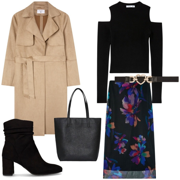 Outfit donna - Aperitivo con le amiche. Stile Casual chic per Serata fuori. Abbinamento con maglieria, gonne lunghe, cinture, borse tote, trench, stivaletti.