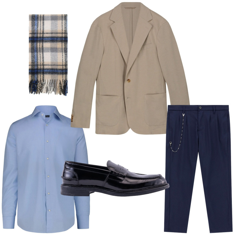 Outfit uomo - Un tocco di cammello. Stile Trendy per Ufficio. Abbinamento con pantaloni, sciarpe, giacche, camicie, scarpe stringate.