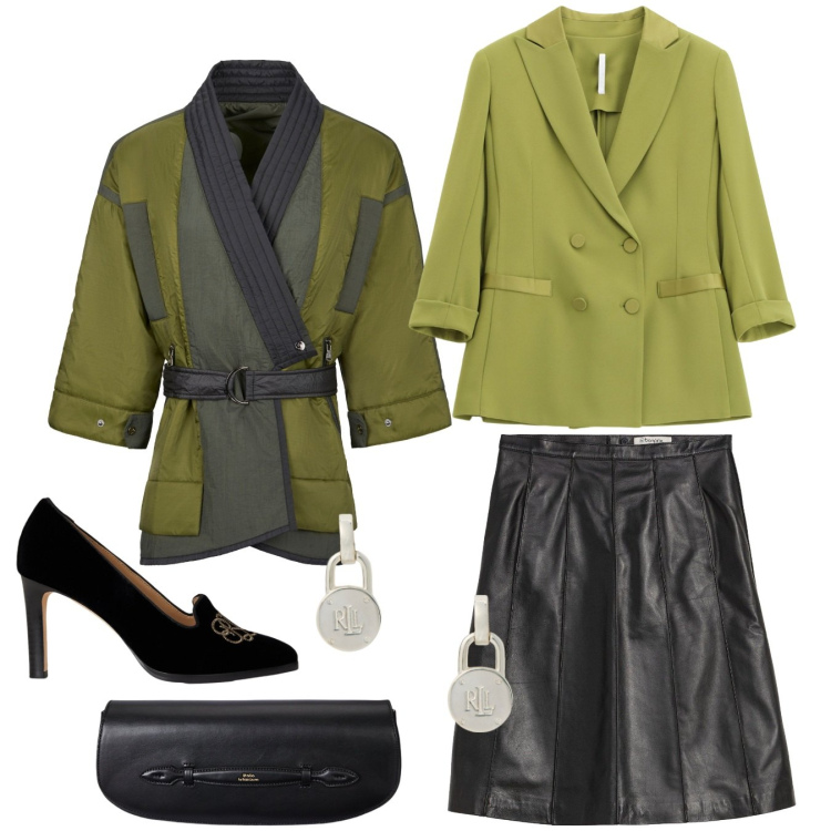 Outfit donna - Serata tra amiche. Stile Chic per Serata fuori. Abbinamento con gonne, blazer, décolleté, orecchini, clutch, kimono.