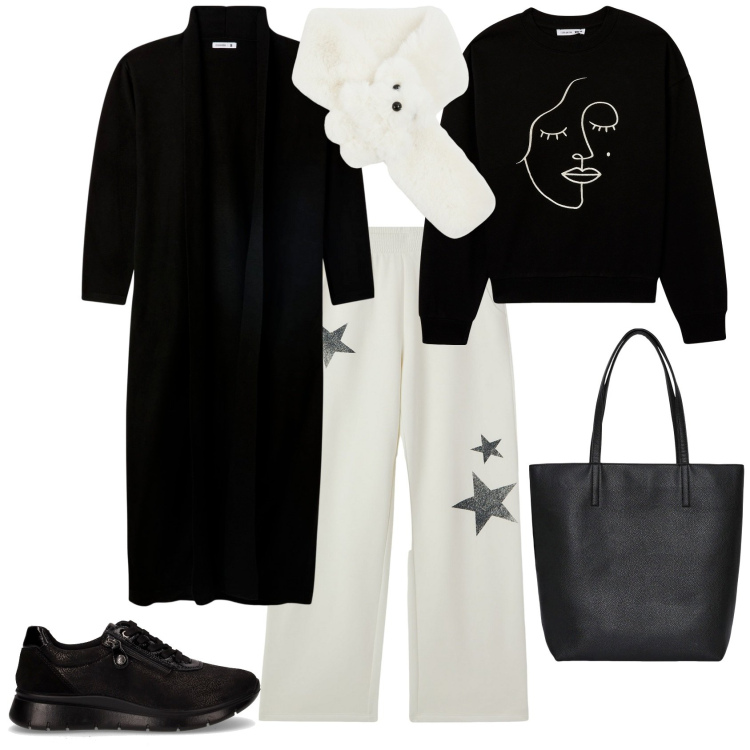 Outfit donna - Total look #2266728. Stile Sporty chic per Tutti i giorni. Abbinamento con cardigans, pantaloni, felpe, sciarpe, borse tote, sneakers.