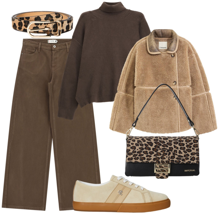 Outfit donna - Serata comoda tra amiche. Stile Casual chic per Serata fuori. Abbinamento con blazer, pantaloni a palazzo, borse a spalla, maglieria, sneakers, cinture.